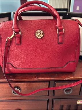Anne Klein Red Pebbled Leather Satchel with Gold Medallion
